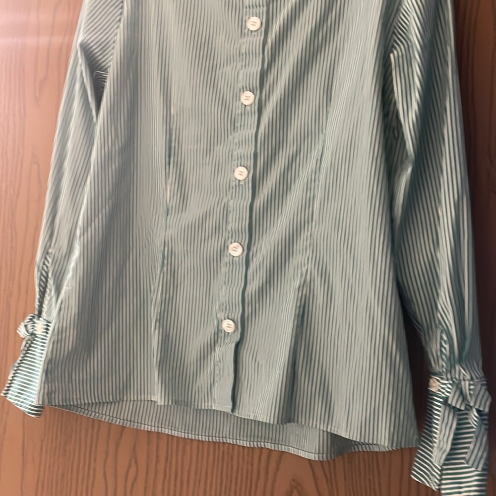 Talbots women’s long sleeve green & white striped blouse~ Large - Picture 8 of 10